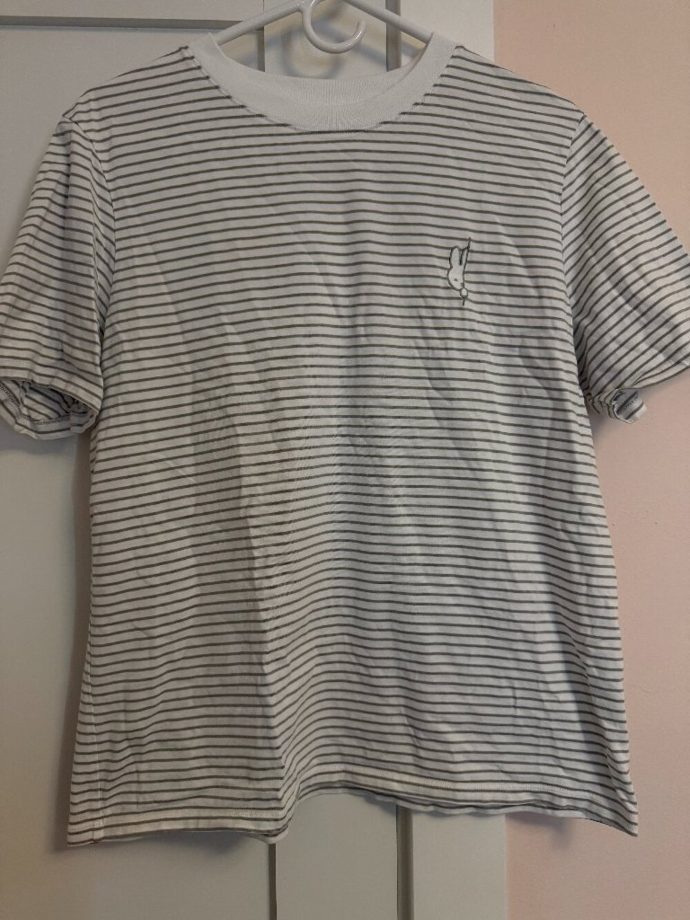 Uniqlo Crew Neck Short Sleeve Tee White Light Green Striped L 100% Cotton